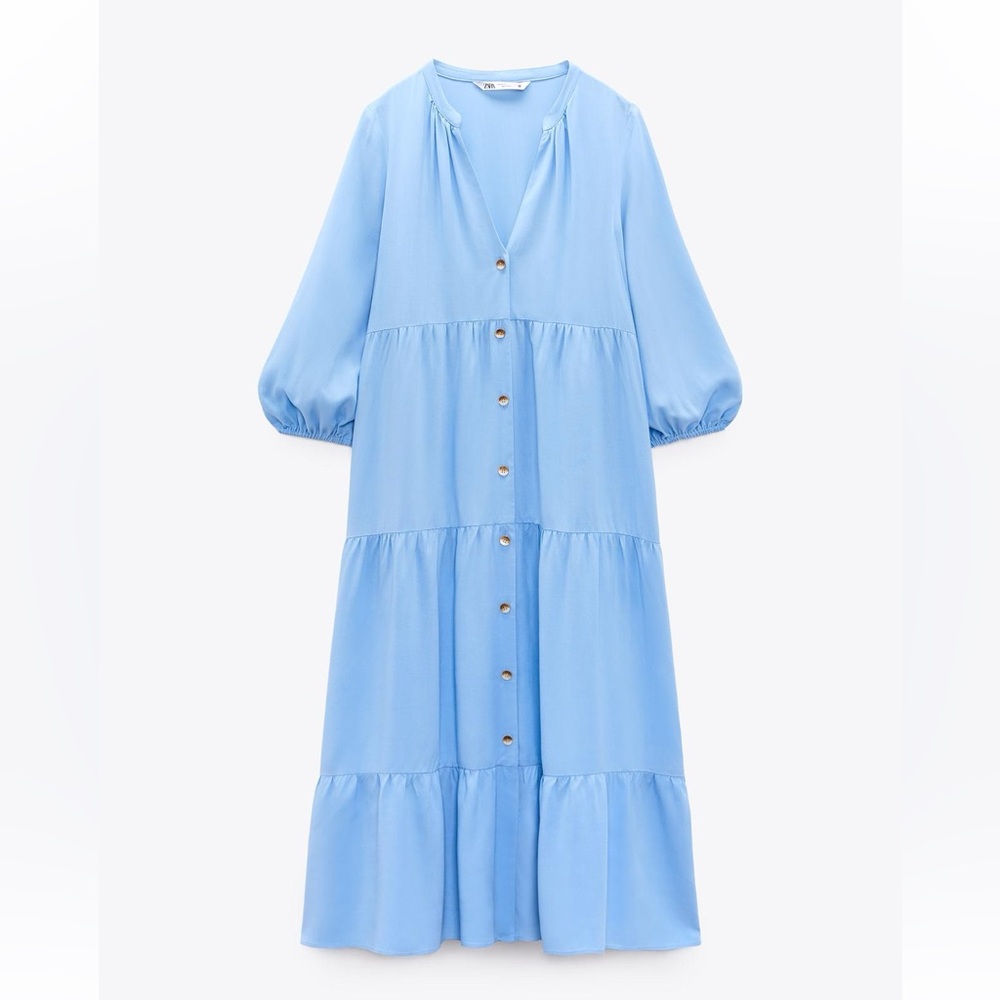 Zara Light Blue Long Sleeve Tiered Midi Dress